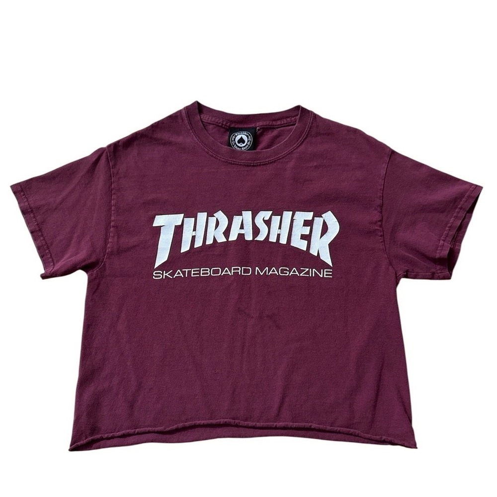 Thrasher Skateboard Magazine Logo Cropped T-Shirt Burgundy Maroon Womens Small